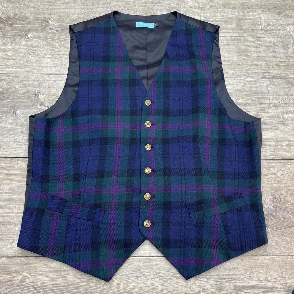J.McLaughlin Vest Mens Small Blue‎ Plaid Tartan 3 Piece Waistcoat Belted Back